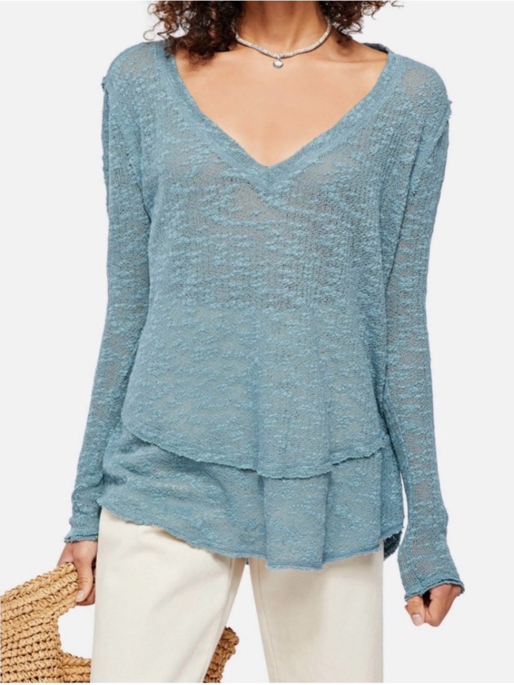 We The Free Teal V-Neck Relaxed Knit Sweater